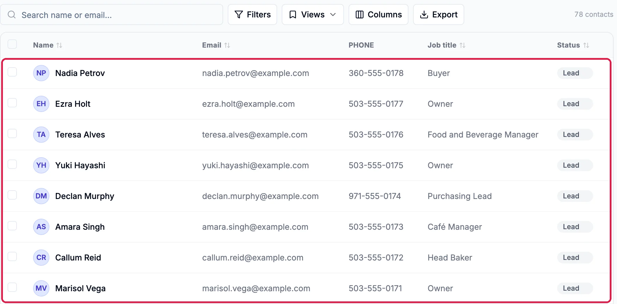 The Contacts list with the eight imported buyers outlined, each with an example.com email, a 555 phone number, a job title and the status Lead