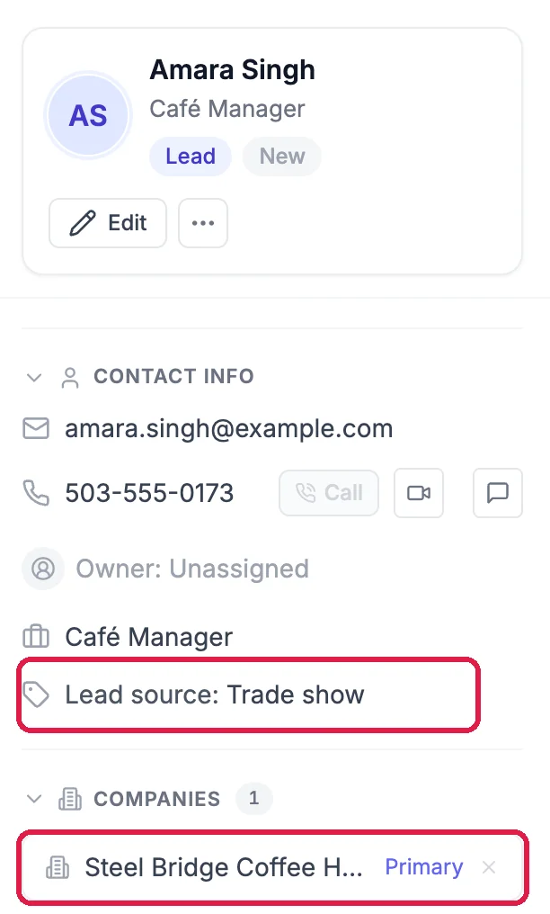 Amara Singh, Café Manager, with Lead source: Trade show and the company Steel Bridge Coffee House outlined