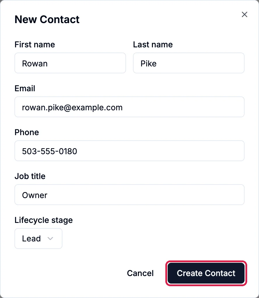 New Contact filled in for Rowan Pike, rowan.pike@example.com, 503-555-0180, Owner, Lifecycle stage Lead, with the Create Contact button outlined