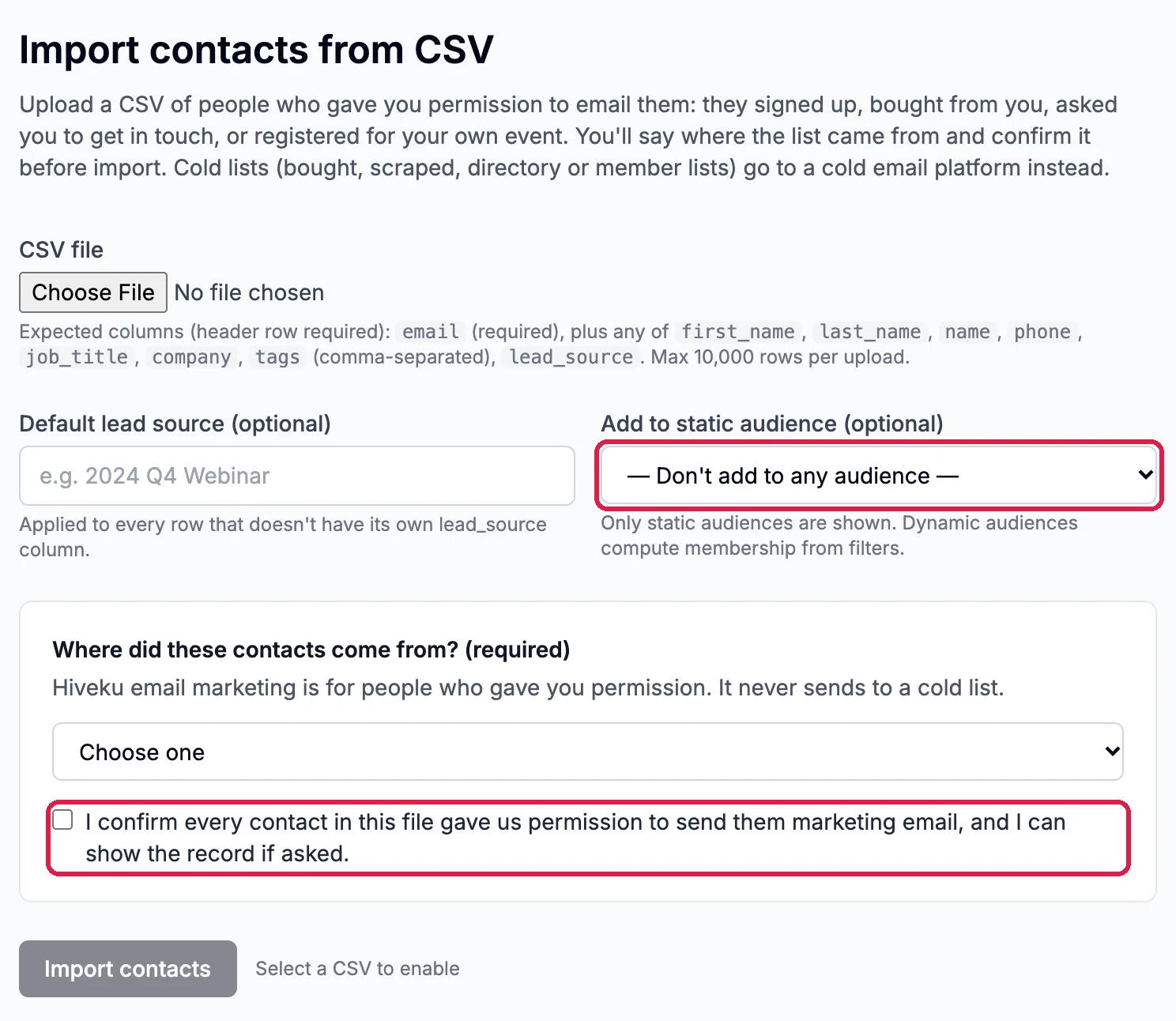 Import contacts from CSV: the CSV file box, Default lead source, Add to static audience with its list outlined, Where did these contacts come from?, and the permission tick, outlined