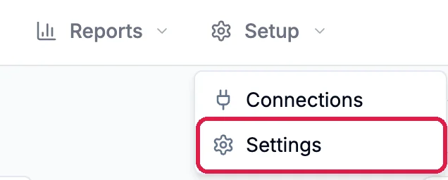The Setup menu open under the CRM tabs, with Connections and Settings, and Settings outlined