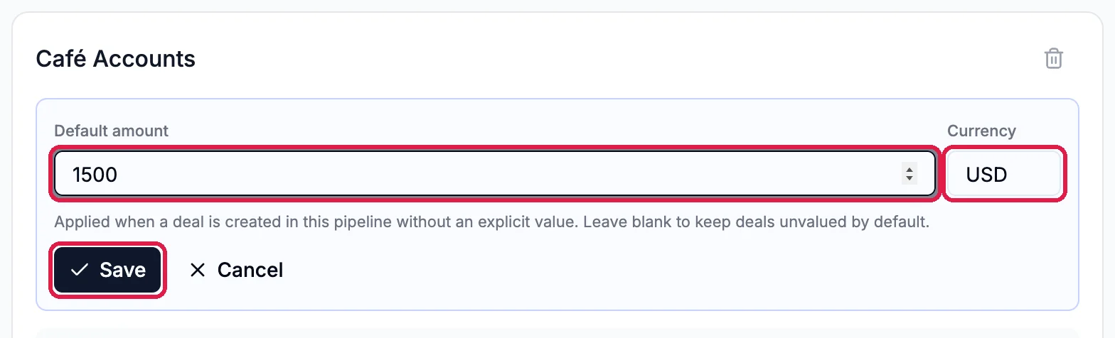 Café Accounts with Default amount 1500, Currency USD and the Save button outlined