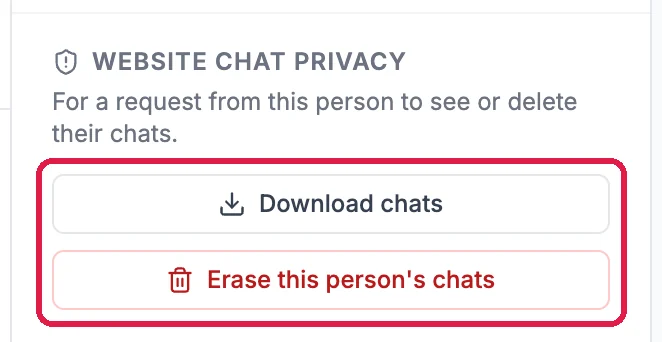 Website chat privacy: For a request from this person to see or delete their chats, with Download chats and Erase this person's chats, outlined