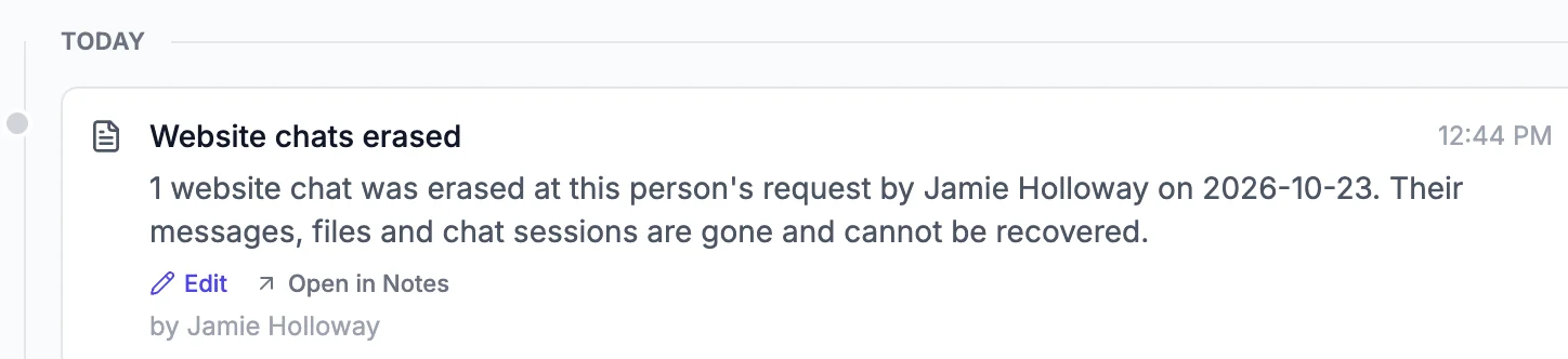 Website chats erased: 1 website chat was erased at this person's request by Jamie Holloway on 2026-10-23. Their messages, files and chat sessions are gone and cannot be recovered