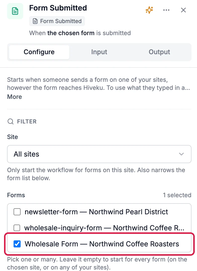 Form Submitted, When the chosen form is submitted, with Site All sites and, under Forms, 1 selected: Wholesale Form, Northwind Coffee Roasters, ticked and outlined