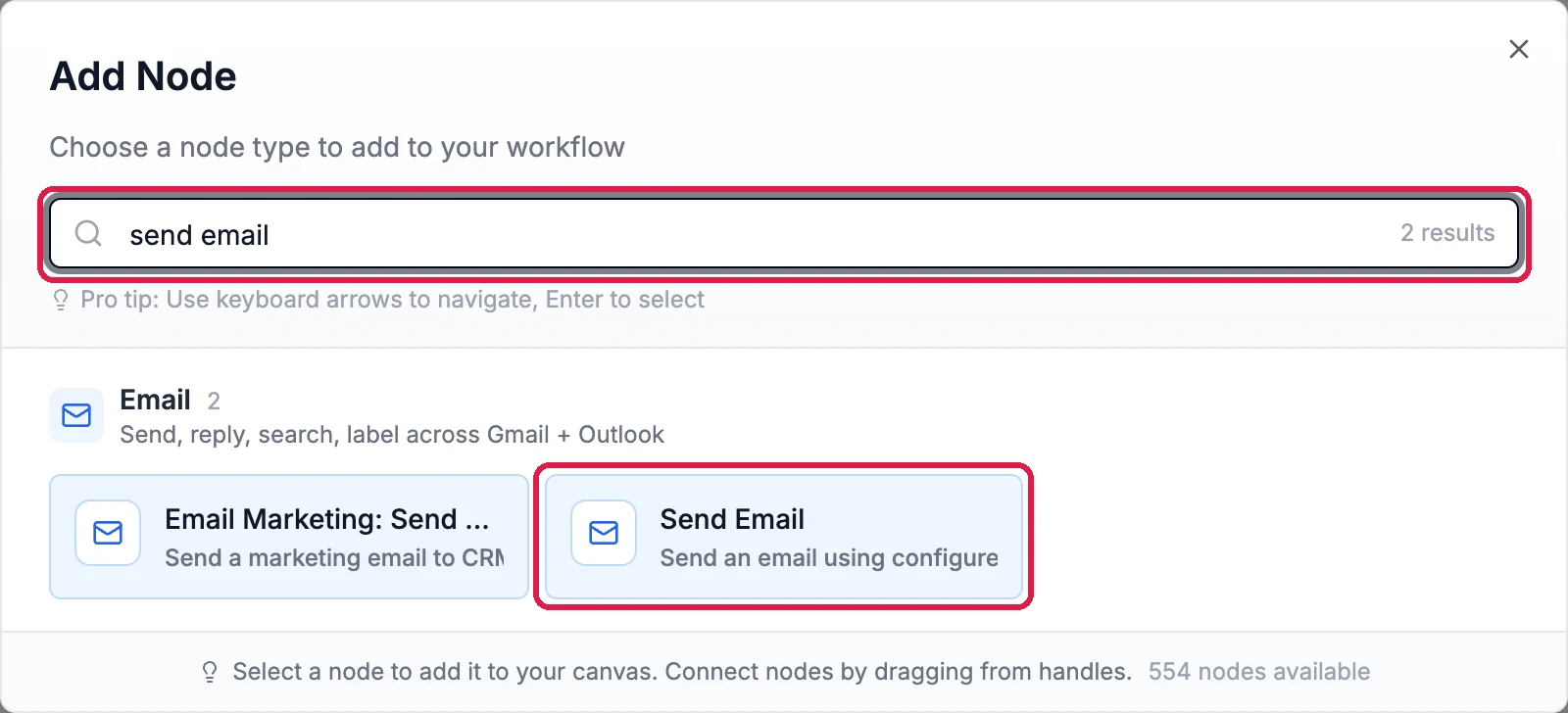 Add Node with send email typed in the search box, outlined, 2 results, and Send Email under Email, outlined