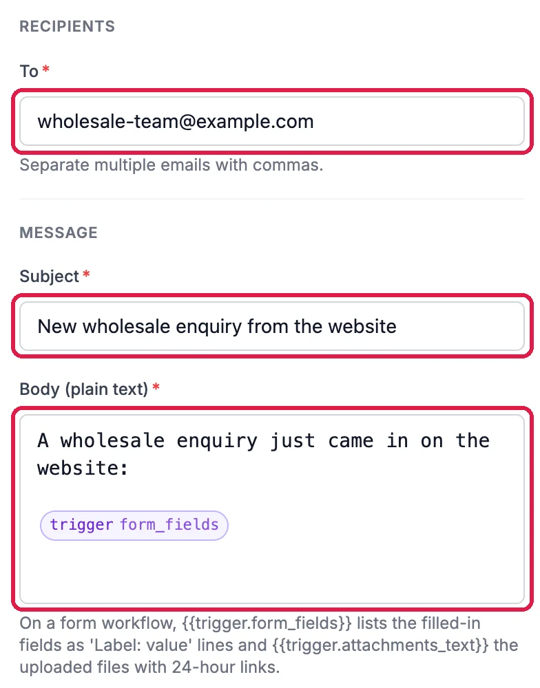 Send Email settings: To wholesale-team@example.com, outlined; Subject New wholesale enquiry from the website, outlined; and Body, A wholesale enquiry just came in on the website, followed by the trigger form_fields value, outlined