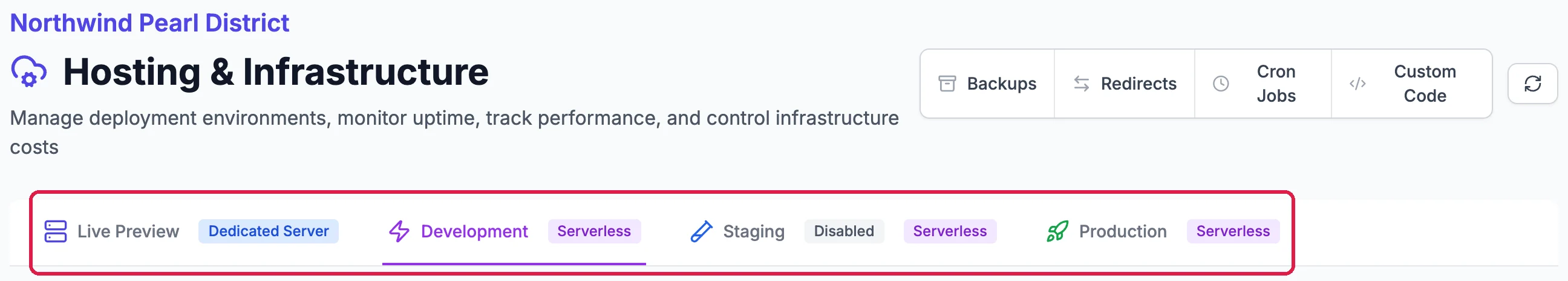 Hosting and Infrastructure for Northwind Pearl District, with the tabs Live Preview, Development, chosen, Staging, Disabled, and Production, outlined