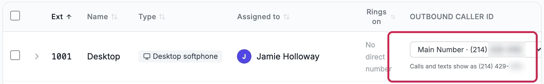 Extensions: 1001 Desktop, a desktop softphone assigned to Jamie Holloway, with Outbound caller ID Main Number and the note Calls and texts show as (214) 429-, outlined. The last digits are blurred