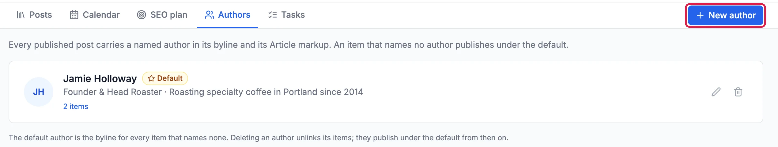 The Authors tab with Jamie Holloway, Default, Founder and Head Roaster, 2 items, and the New author button outlined