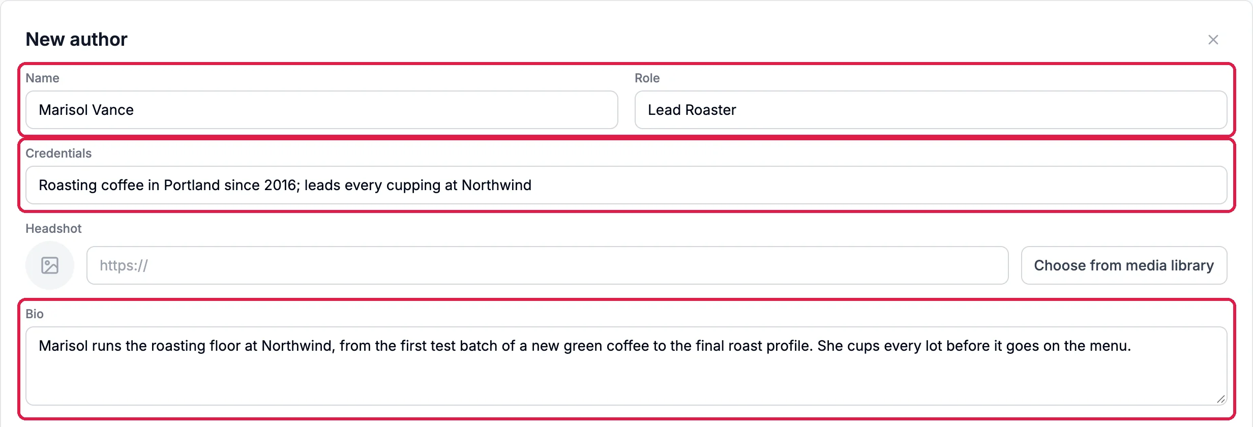 The New author form with Name Marisol Vance and Role Lead Roaster, Credentials Roasting coffee in Portland since 2016; leads every cupping at Northwind, and a two-sentence Bio, all outlined, and the Headshot box empty