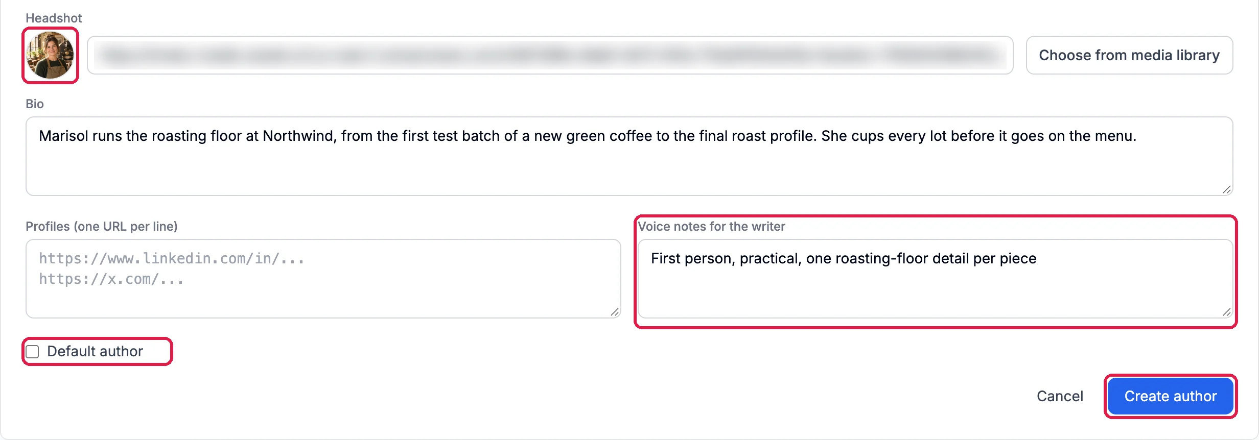 The headshot in place, the Bio, Voice notes for the writer: First person, practical, one roasting-floor detail per piece, the Default author box unticked, and the Create author button, outlined