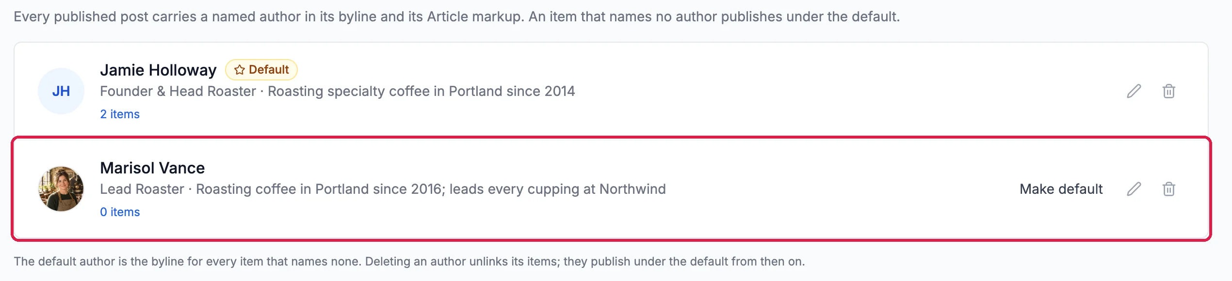 The Authors list with Jamie Holloway, Default, and the new row Marisol Vance, Lead Roaster, 0 items, with Make default, outlined