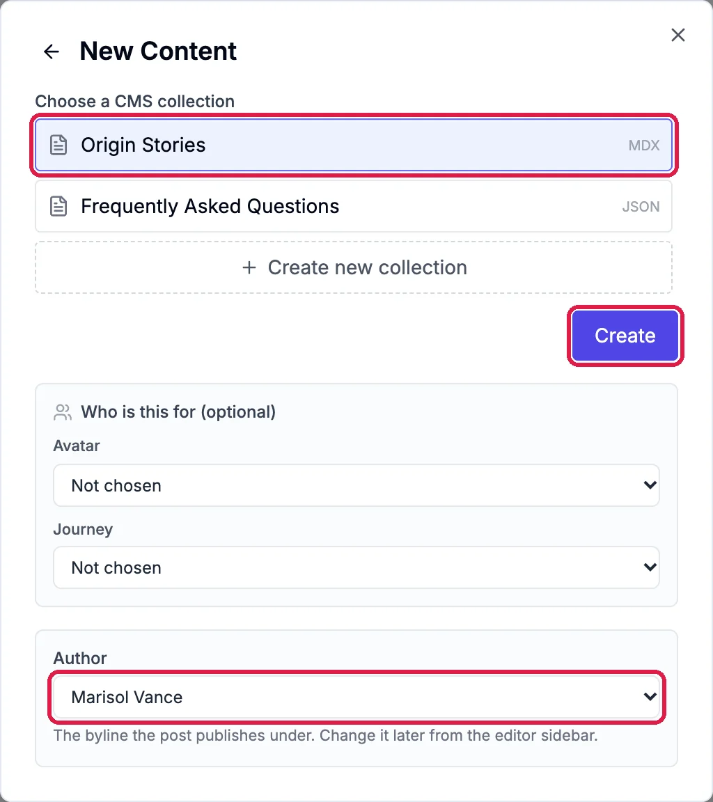 New Content with the Origin Stories collection, the Create button and Author: Marisol Vance outlined