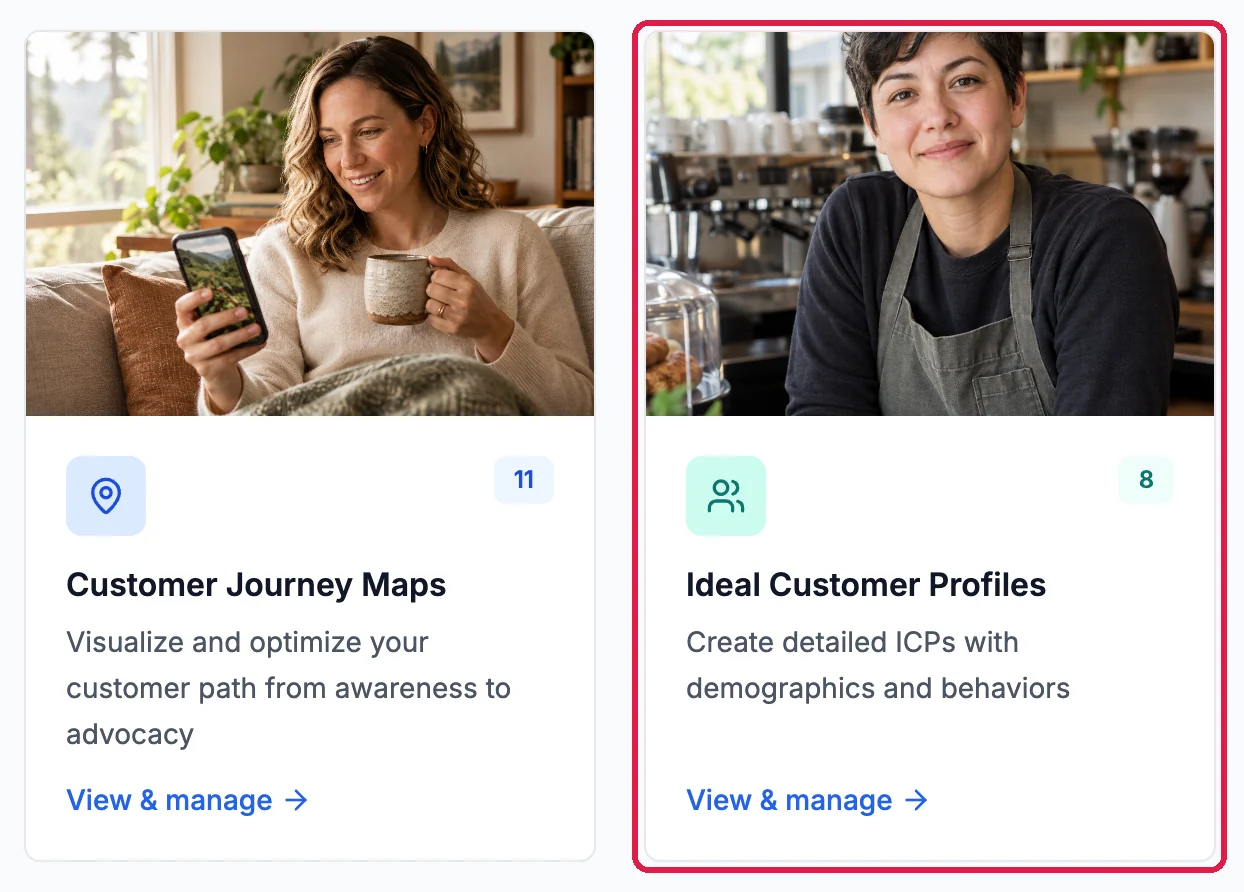 The Customer Journey Maps card and the Ideal Customer Profiles card, outlined, on the Marketing page