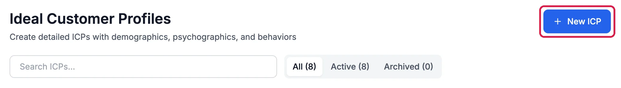 Ideal Customer Profiles with the search box, All, Active and Archived, and the New ICP button outlined