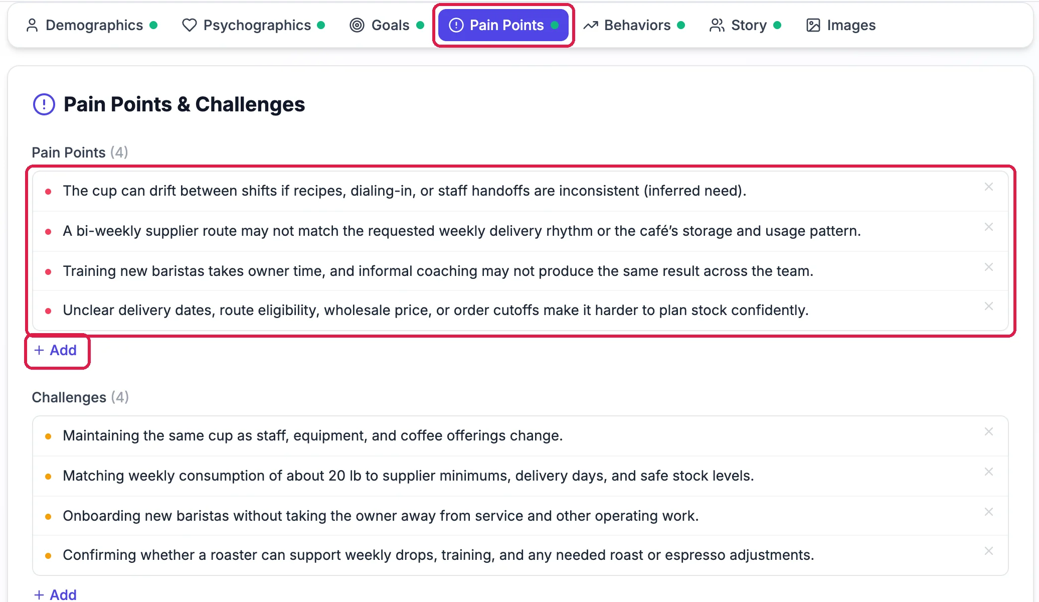 The Pain Points tab outlined, Pain Points and Challenges with four pain points outlined, and the + Add link outlined