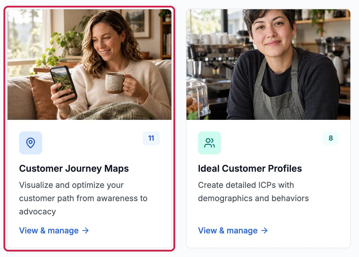 The Customer Journey Maps card, outlined, next to the Ideal Customer Profiles card on the Marketing page