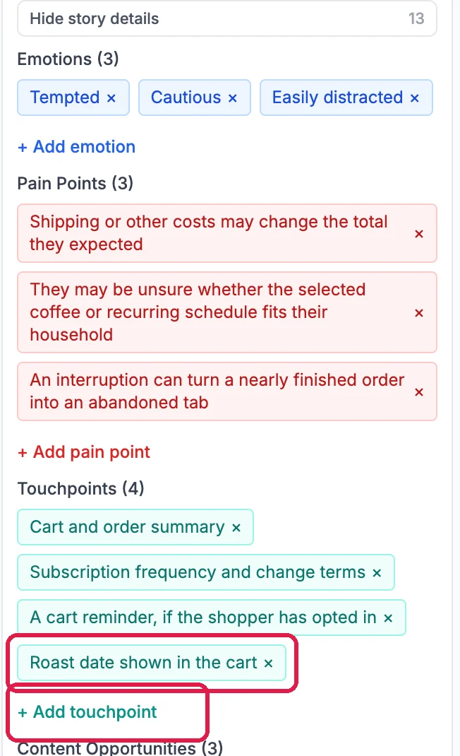 Cart in Hand's story details: Emotions, Pain Points, and Touchpoints (4) with the new Roast date shown in the cart outlined and + Add touchpoint outlined