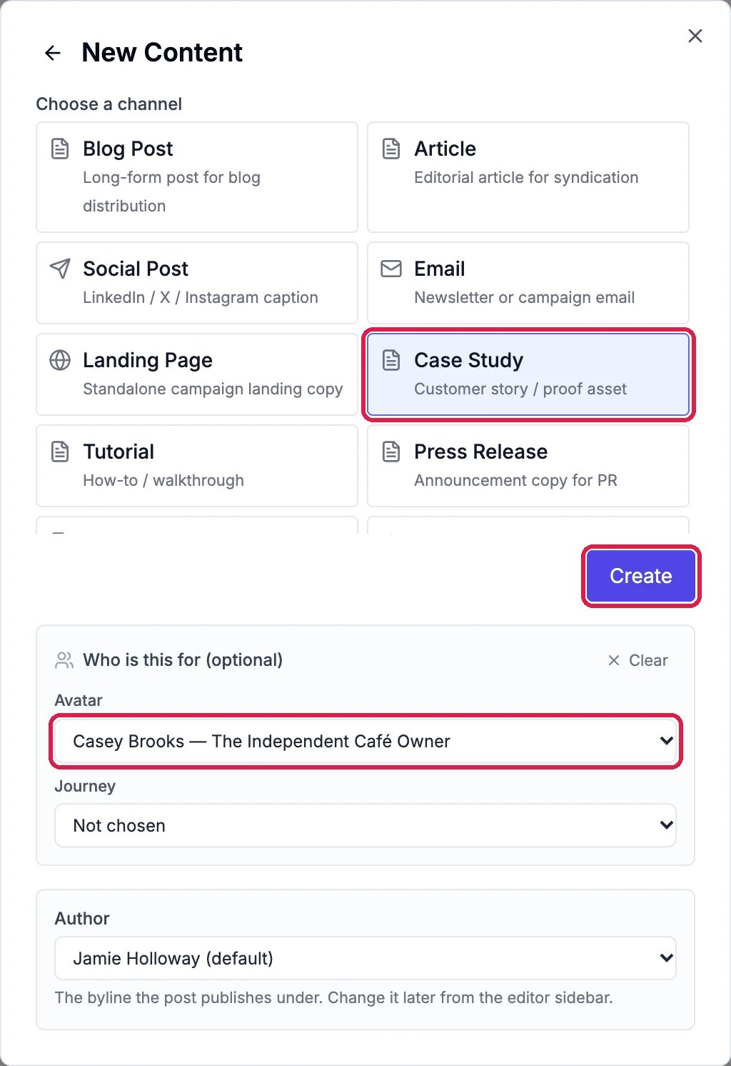 New Content with Choose a channel: Blog Post, Article, Social Post, Email, Landing Page, the Case Study card outlined, Tutorial and Press Release; the Create button outlined; and Avatar: Casey Brooks, The Independent Café Owner, outlined