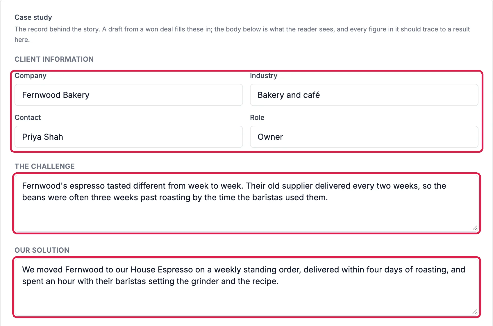 The Case study record with Company Fernwood Bakery, Industry Bakery and café, Contact Priya Shah, Role Owner, outlined, and The challenge and Our solution filled in and outlined