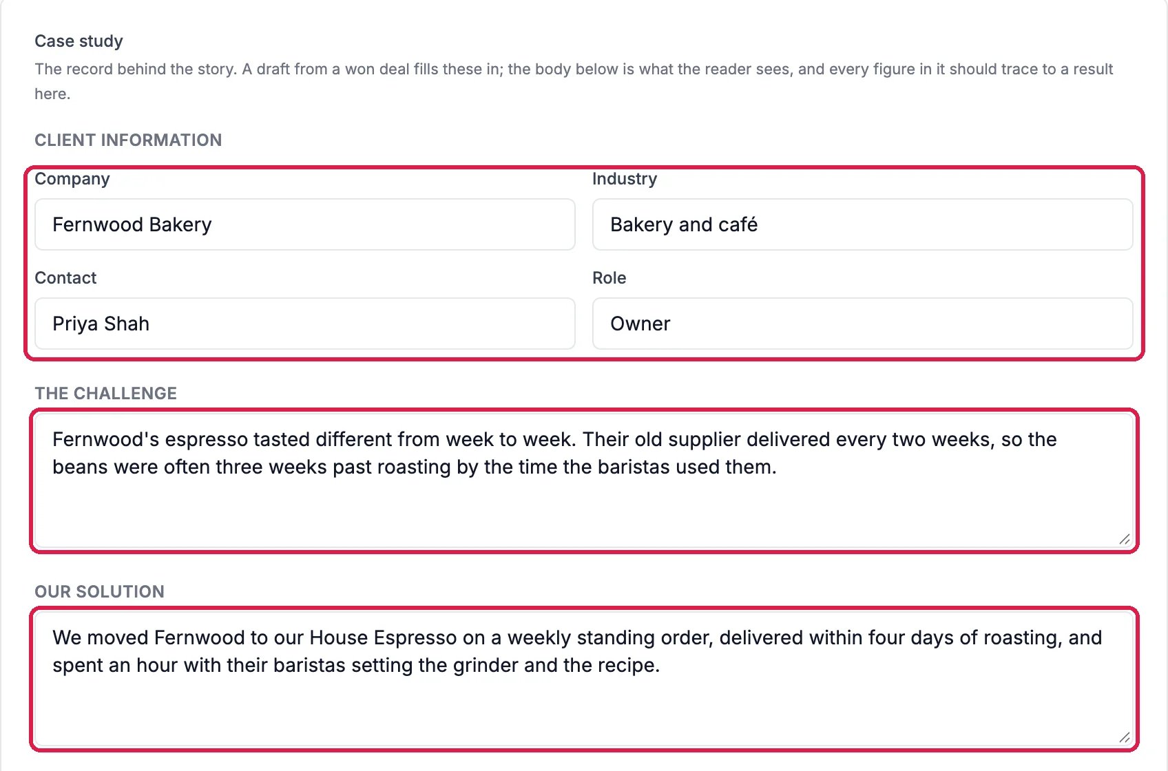 The Case study record with Company Fernwood Bakery, Industry Bakery and café, Contact Priya Shah, Role Owner, outlined, and The challenge and Our solution filled in and outlined