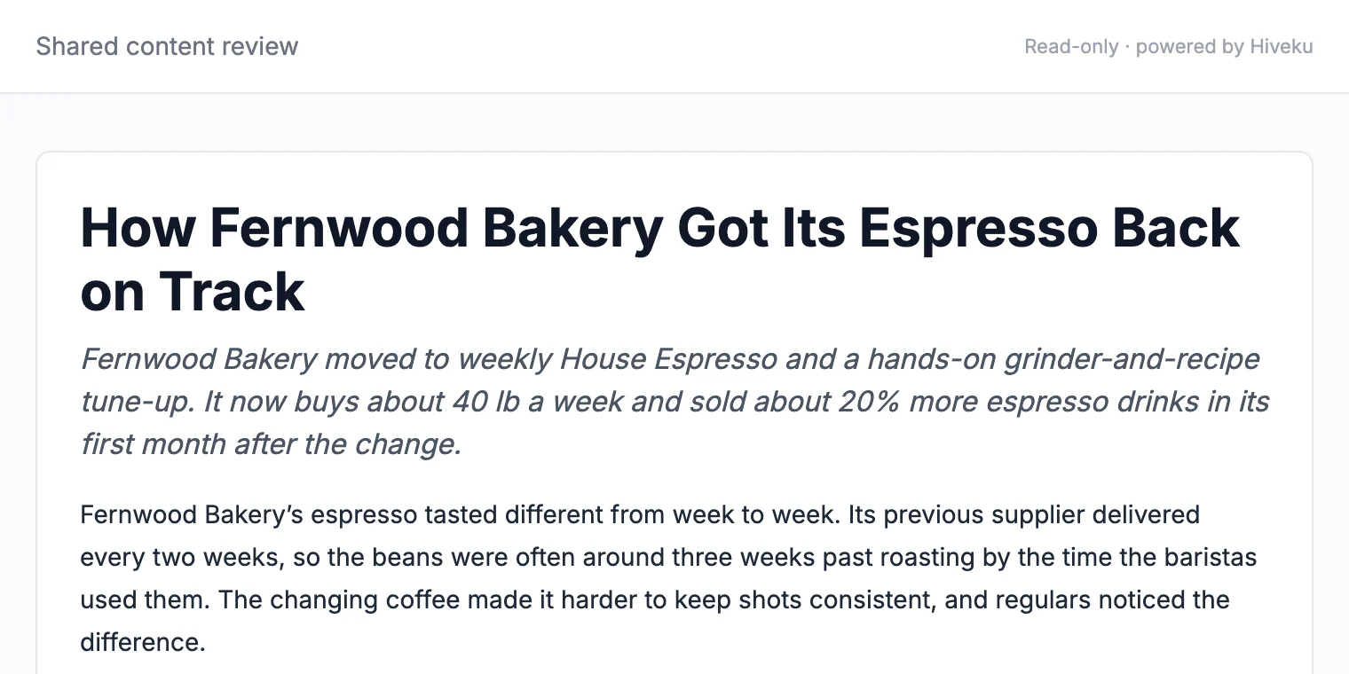Shared content review: the case study's title How Fernwood Bakery Got Its Espresso Back on Track, its excerpt and the first paragraph