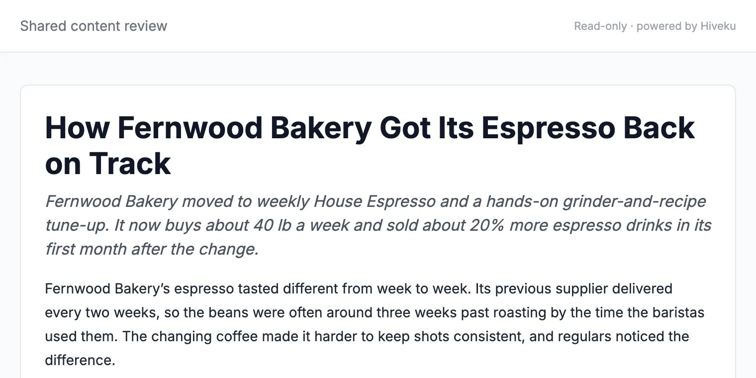 Shared content review: the case study's title How Fernwood Bakery Got Its Espresso Back on Track, its excerpt and the first paragraph