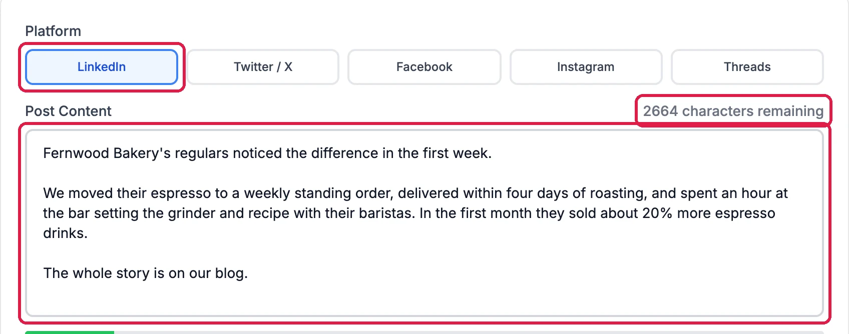 Platform with LinkedIn selected and outlined, Post Content with a three-paragraph post about Fernwood Bakery, outlined, and 2664 characters remaining, outlined