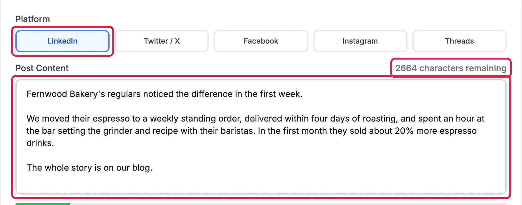 Platform with LinkedIn selected and outlined, Post Content with a three-paragraph post about Fernwood Bakery, outlined, and 2664 characters remaining, outlined