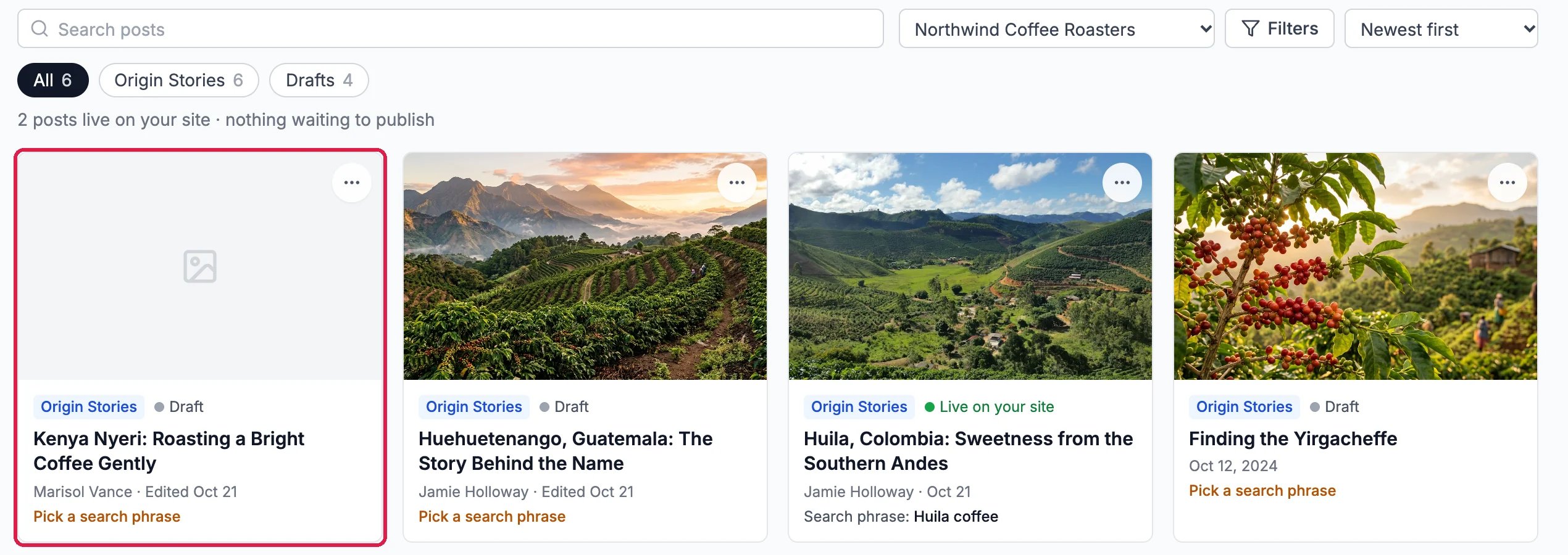 The Posts tab with the Origin Stories Draft Kenya Nyeri: Roasting a Bright Coffee Gently, by Marisol Vance, outlined