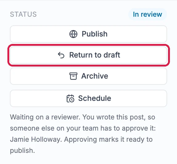 The Status section with the In review badge and the Return to draft button outlined