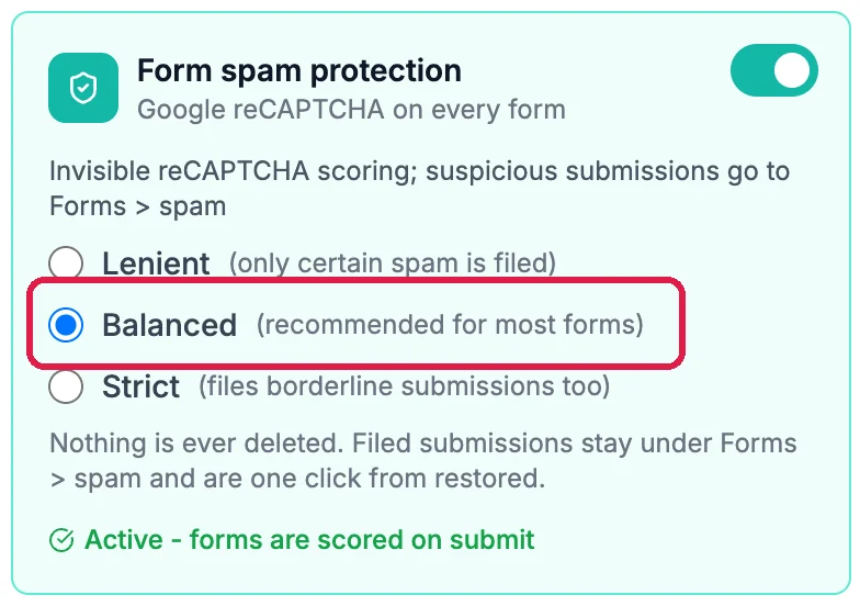 The Form spam protection card switched on: Lenient, Balanced (recommended for most forms) picked and outlined, Strict; Nothing is ever deleted; Active, forms are scored on submit