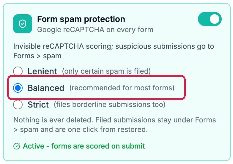 The Form spam protection card switched on: Lenient, Balanced (recommended for most forms) picked and outlined, Strict; Nothing is ever deleted; Active, forms are scored on submit
