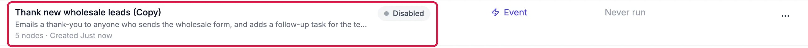 The new row, outlined: Thank new wholesale leads (Copy), Disabled, 5 nodes, created just now, never run