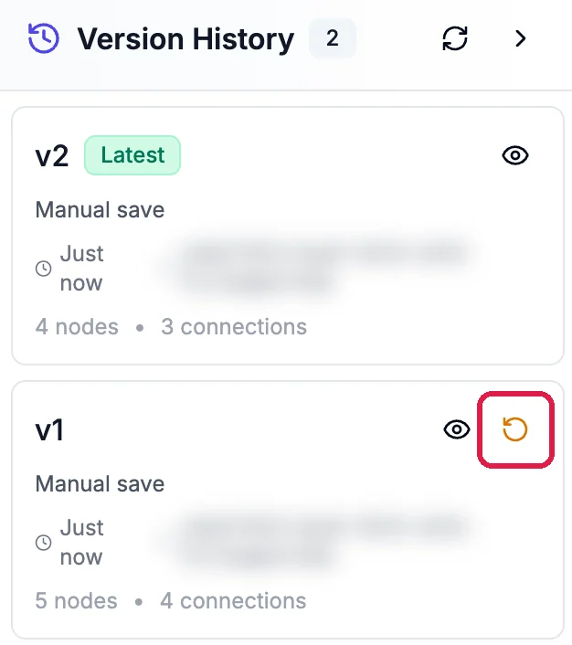 Version History, 2 versions: v2, Latest, Manual save, 4 nodes and 3 connections; v1, Manual save, 5 nodes and 4 connections, with its round arrow outlined