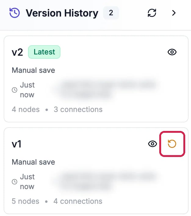 Version History, 2 versions: v2, Latest, Manual save, 4 nodes and 3 connections; v1, Manual save, 5 nodes and 4 connections, with its round arrow outlined