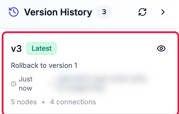 Version History, 3 versions: v3, Latest, Rollback to version 1, 5 nodes and 4 connections, outlined