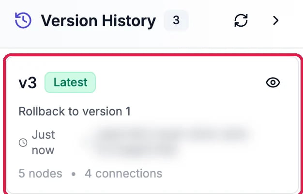 Version History, 3 versions: v3, Latest, Rollback to version 1, 5 nodes and 4 connections, outlined