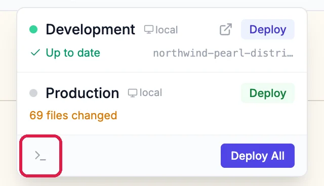 The Deploy menu with Development and Production, and the build logs icon at the bottom left, outlined, beside Deploy All