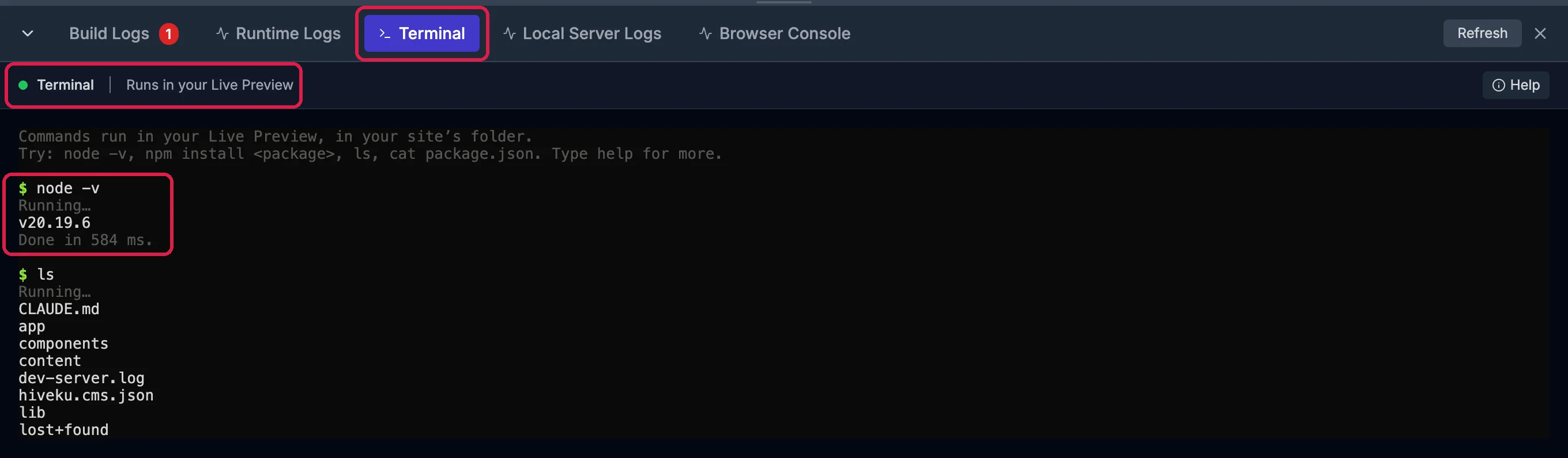 The Terminal tab, outlined; Terminal, Runs in your Live Preview, outlined; the command node -v with Running, v20.19.6 and Done in 584 ms, outlined; and ls listing the site's files and folders, such as app, components, content and lib