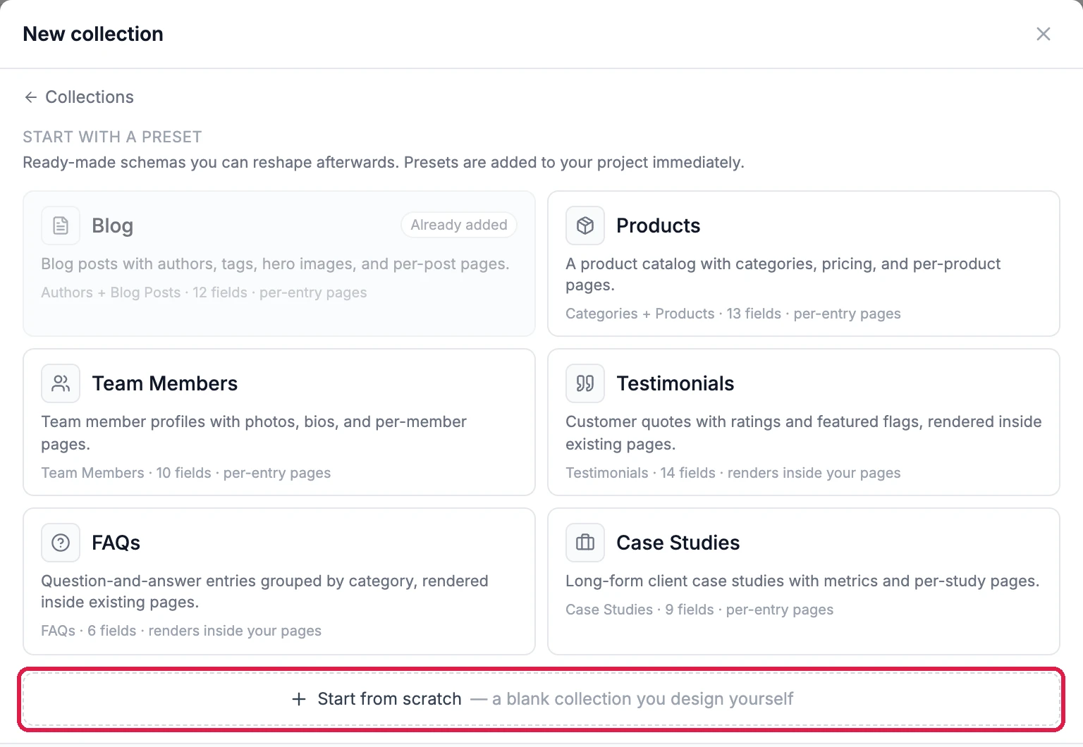 New collection: Start with a preset, with Blog (already added), Products, Team Members, Testimonials, FAQs and Case Studies, and Start from scratch, a blank collection you design yourself, outlined