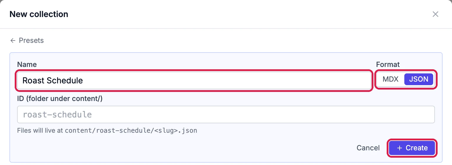 The Name Roast Schedule, the Format MDX or JSON with JSON chosen, and Create, each outlined; the ID roast-schedule fills in from the name