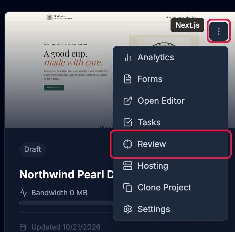 The Northwind Pearl District card with its menu button, outlined, and the menu open: Analytics, Forms, Open Editor, Tasks, Review, outlined, Hosting, Clone Project and Settings