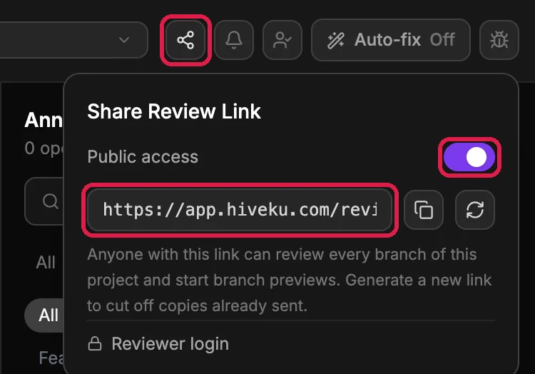 The share icon, outlined; Share Review Link with Public access switched on, outlined, and the link https://app.hiveku.com/review..., outlined, with copy and new-link buttons
