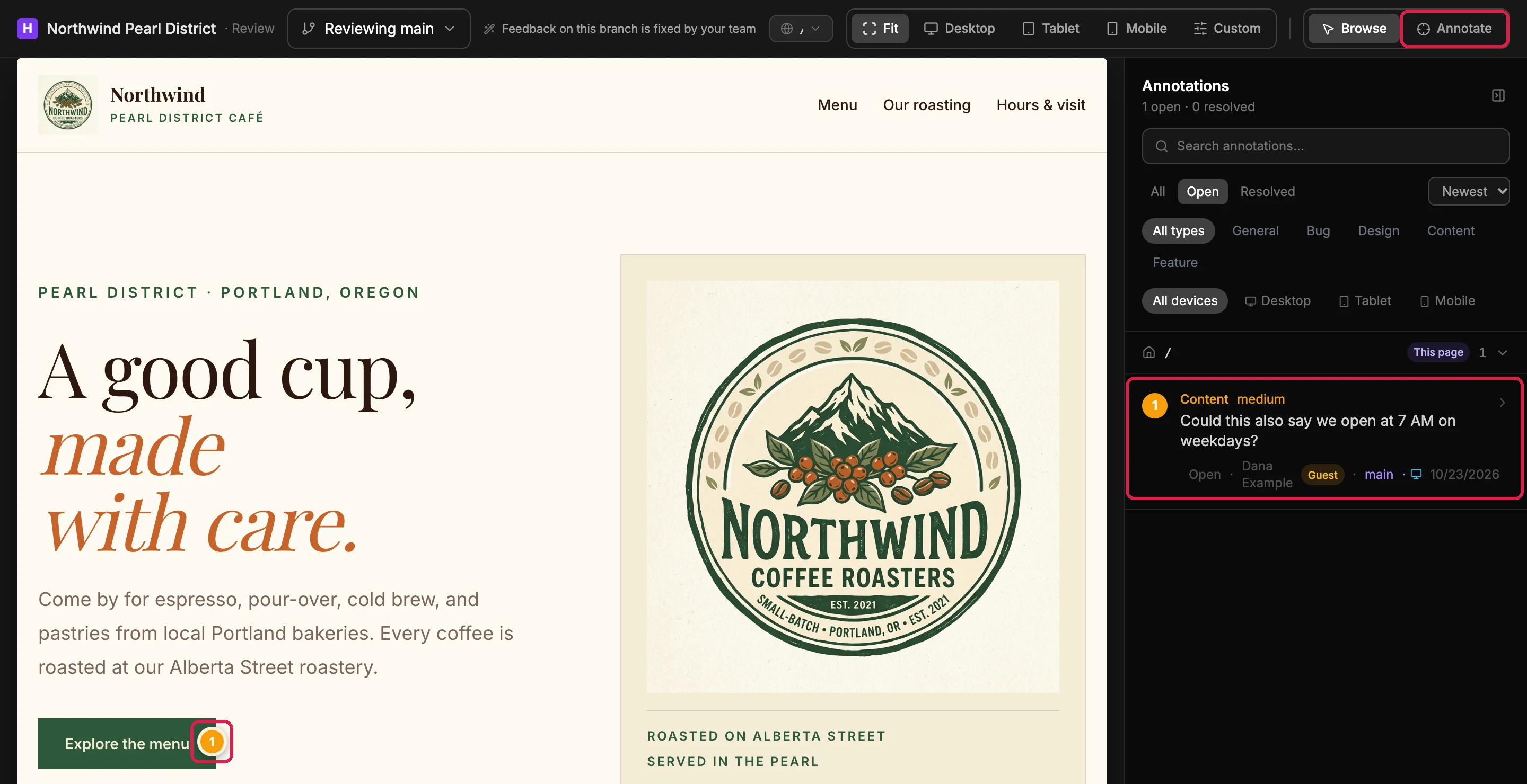 The review window: Annotate at the top right, outlined; a pin numbered 1 on the Explore the menu button, outlined; and the note on the right, Content, medium, Could this also say we open at 7 AM on weekdays?, by Dana Example, Guest, outlined