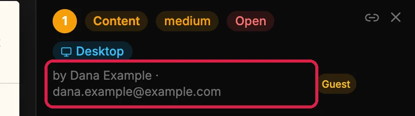 Note 1, Content, medium, Open, Desktop, by Dana Example, dana.example@example.com, outlined, marked Guest