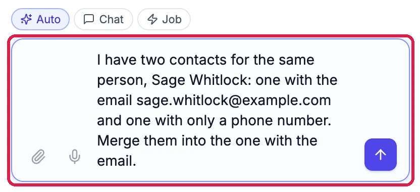 The sales agent's chat box with the merge request typed in, outlined, with Auto, Chat and Job above it