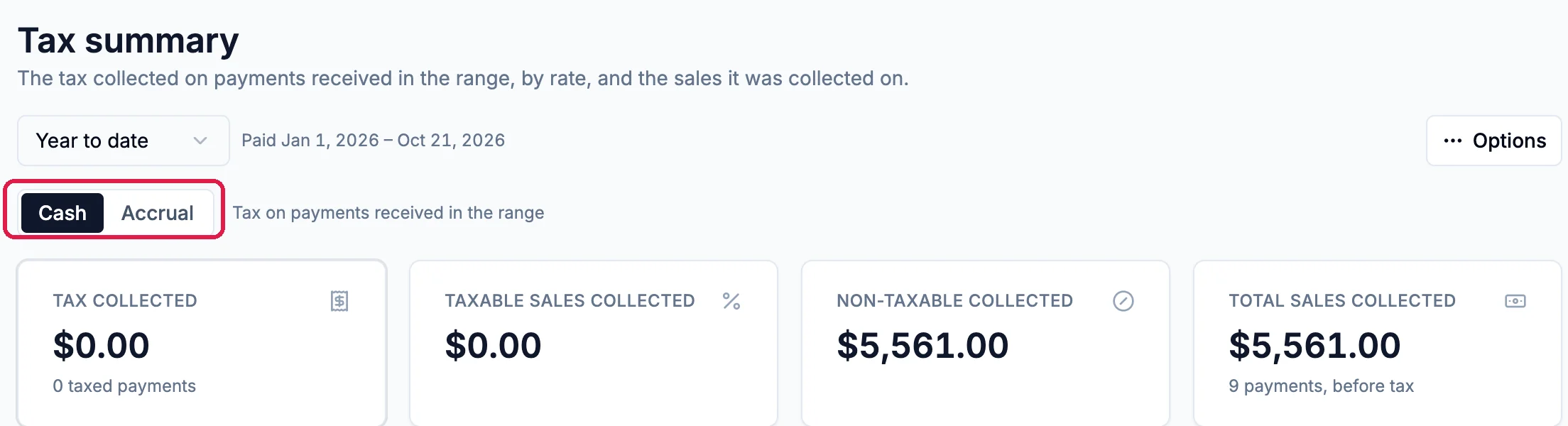 Tax summary, Year to date, paid Jan 1 to Oct 21, 2026, with Cash and Accrual outlined; Tax collected $0.00, Taxable sales collected $0.00, Non-taxable collected $5,561.00, Total sales collected $5,561.00 from 9 payments