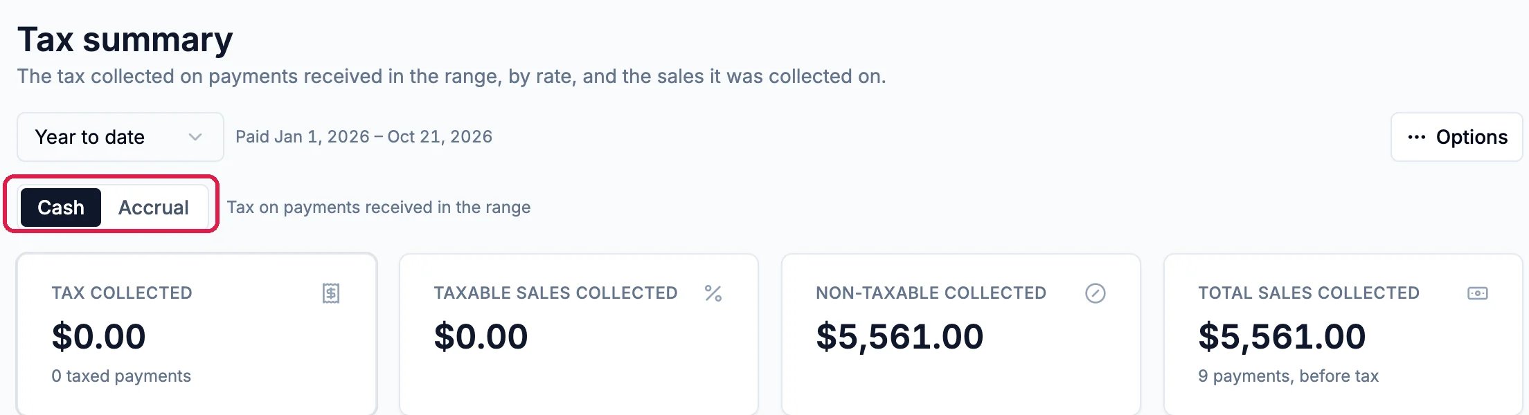 Tax summary, Year to date, paid Jan 1 to Oct 21, 2026, with Cash and Accrual outlined; Tax collected $0.00, Taxable sales collected $0.00, Non-taxable collected $5,561.00, Total sales collected $5,561.00 from 9 payments